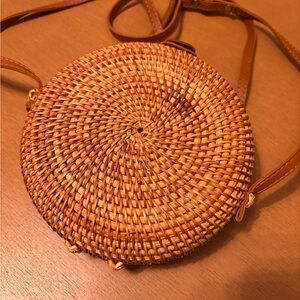 Round Woven Tan Crossbody Bag